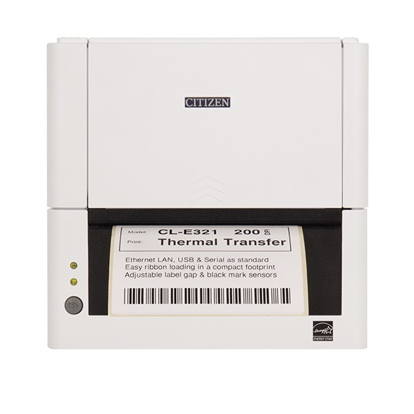 Citizen CL E321 Desktop Label Printer White Front Facing With Label