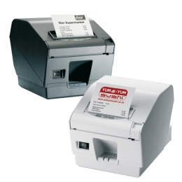 Star TSP700II Receipt Printer Black And White Versions black positioned behind white version both with receipts in slot