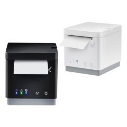 Star MC Print 2 receipt printer in black facing forward and in white angled facing black printer