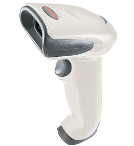 Honeywell Voyager 1452g wireless barcode scanner facing left ivory version