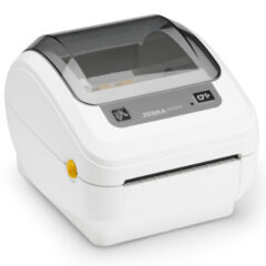Angled view of the Zebra GK420D Healthcare label printer in a sleek white design, featuring a compact form, easy-to-clean surface, and direct thermal printing technology, ideal for healthcare environments requiring efficient and hygienic label printing.