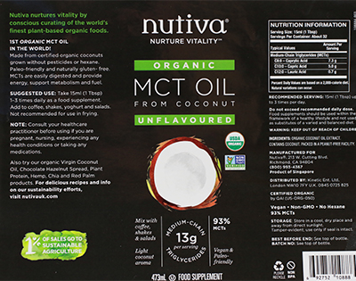 Example of a Digital Label - Nutiva Organic MCT Oil label featuring product details, nutritional information, and branding, highlighting it as unflavored, sourced from coconut, and certified organic