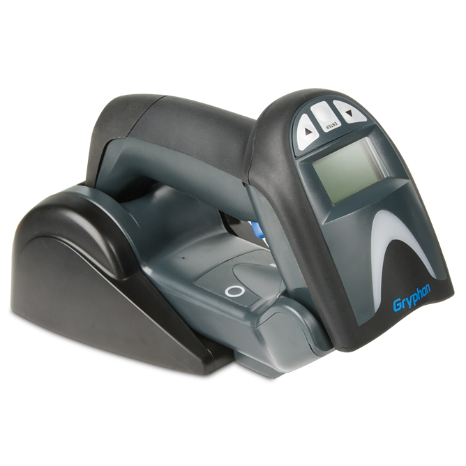 Datalogic Gryphon I GM4100 Linear Imager Barcode Scanner black on stand facing left