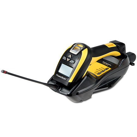 PowerScan PM9100 1D Industrial Barcode Scanner In Cradle Facing Left