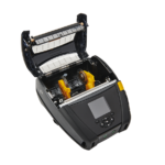 Zebra ZQ630 mobile printer with its cover open, showing the internal components, including the media loading compartment and rollers.