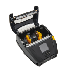 Zebra ZQ630 mobile printer with its cover open, showing the internal components, including the media loading compartment and rollers.