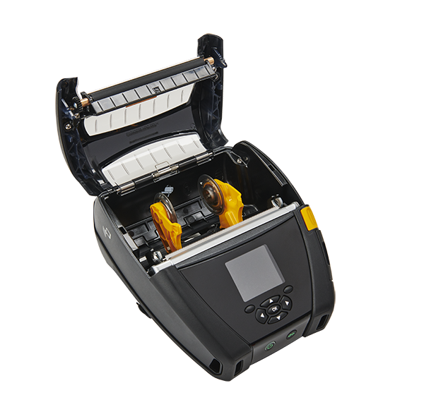 Zebra ZQ630 mobile printer with its cover open, showing the internal components, including the media loading compartment and rollers.