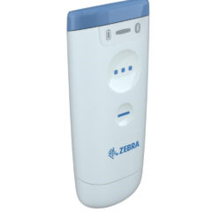 Angled view of the Zebra CS60-HC Cordless Companion Scanner, featuring a compact, lightweight, and ergonomic design with a white and blue antimicrobial housing, ideal for healthcare use. Equipped with Bluetooth connectivity, it offers reliable and flexible wireless barcode scanning for enhanced patient safety and workflow efficiency.