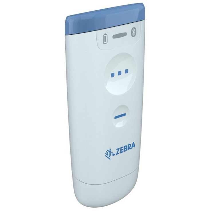 Angled view of the Zebra CS60-HC Cordless Companion Scanner, featuring a compact, lightweight, and ergonomic design with a white and blue antimicrobial housing, ideal for healthcare use. Equipped with Bluetooth connectivity, it offers reliable and flexible wireless barcode scanning for enhanced patient safety and workflow efficiency.