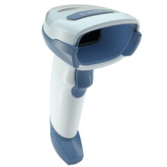 Angled view of the Zebra DS2208 handheld barcode scanner designed for healthcare, featuring a durable white and blue antimicrobial housing, ideal for disinfecting. Provides fast and accurate 1D and 2D barcode scanning, enhancing patient safety and improving workflow efficiency in medical environments.