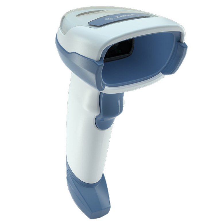 Angled view of the Zebra DS2208 handheld barcode scanner designed for healthcare, featuring a durable white and blue antimicrobial housing, ideal for disinfecting. Provides fast and accurate 1D and 2D barcode scanning, enhancing patient safety and improving workflow efficiency in medical environments.