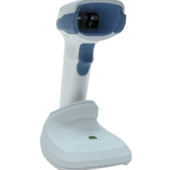Angled view of the Zebra DS2278-HC Healthcare Scanner, featuring a cordless, ergonomic design with a white antimicrobial housing and blue accents, ideal for healthcare settings. Equipped with Bluetooth connectivity, it offers fast and reliable 1D and 2D barcode scanning to enhance patient safety and improve workflow efficiency in medical environments.