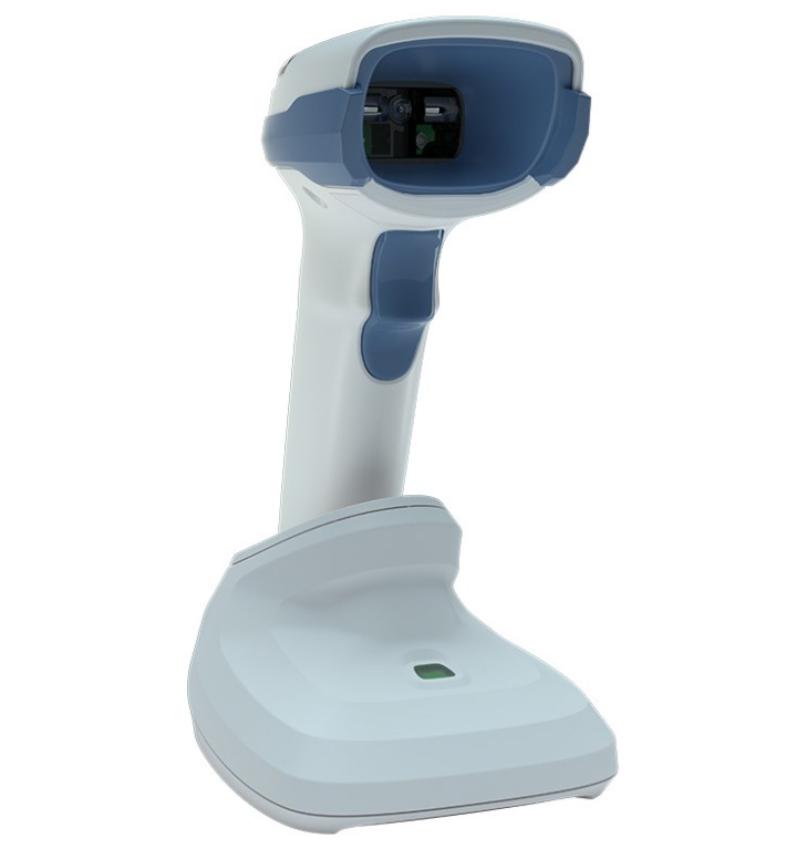 Angled view of the Zebra DS2278-HC Healthcare Scanner, featuring a cordless, ergonomic design with a white antimicrobial housing and blue accents, ideal for healthcare settings. Equipped with Bluetooth connectivity, it offers fast and reliable 1D and 2D barcode scanning to enhance patient safety and improve workflow efficiency in medical environments.