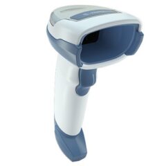 Angled view of the Zebra DS4608 handheld barcode scanner for healthcare, featuring a white and blue antimicrobial housing for easy disinfecting. Designed for medical environments, it offers fast and accurate 1D and 2D barcode scanning, enhancing patient safety and workflow efficiency.