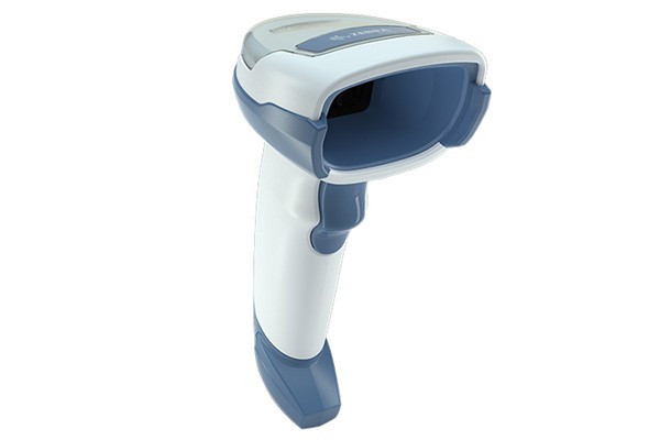 Angled view of the Zebra DS4608 handheld barcode scanner for healthcare, featuring a white and blue antimicrobial housing for easy disinfecting. Designed for medical environments, it offers fast and accurate 1D and 2D barcode scanning, enhancing patient safety and workflow efficiency.