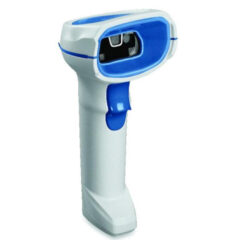 Angled view of the Zebra DS8108-HC Healthcare Barcode Scanner, featuring a durable white and blue antimicrobial housing, designed for healthcare environments. Equipped with advanced scanning technology, it provides fast and accurate capture of 1D and 2D barcodes to enhance patient safety and improve workflow efficiency.