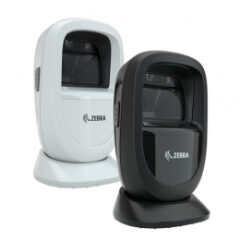Angled view of two Zebra DS9300 1D/2D Presentation Barcode Scanners in black and white models, featuring a compact and modern design for hands-free operation. Designed for high-performance barcode scanning in retail and hospitality environments, the DS9300 offers fast and reliable capture of 1D and 2D barcodes in a durable and space-saving form factor.