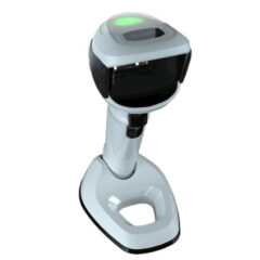 Angled view of the Zebra DS9908 Hybrid Imager for medical labs and pharmacies, featuring a white and black design with hybrid functionality for handheld and hands-free operation. Equipped with advanced imaging technology, it ensures fast and accurate scanning of 1D, 2D, and specimen barcodes, ideal for enhancing efficiency and accuracy in laboratory environments.