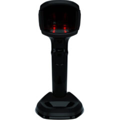 Front view of the Zebra DS9908 Hybrid Imager designed for retail, featuring a sleek black design with hybrid functionality for both handheld and hands-free operation. Equipped with advanced scanning technology, it delivers fast and accurate 1D and 2D barcode capture to enhance checkout efficiency and customer experience in retail environments.