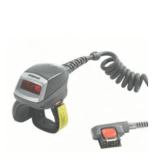Angled view of the Zebra RS4000 1D Ring Scanner, featuring a lightweight, ergonomic design with a comfortable finger strap for hands-free 1D barcode scanning. Equipped with a coiled cable and durable build, it is designed to connect seamlessly to wearable devices, enhancing productivity in industrial and warehouse environments.