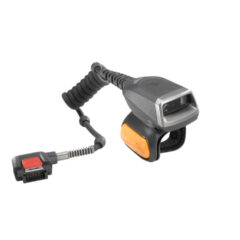 Angled view of the Zebra RS5000 Ring Scanner, featuring a compact, lightweight design with a comfortable finger strap for hands-free scanning. Designed for demanding industrial environments, it delivers fast and accurate 1D and 2D barcode scanning and connects seamlessly to wearable devices for enhanced productivity.