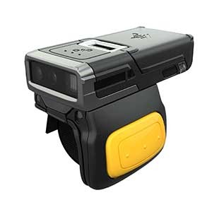 Angled view of the Zebra RS5100 wearable ring scanner, featuring a lightweight, compact design with a comfortable finger strap and durable build. Equipped with advanced scanning technology, it delivers fast and accurate 1D and 2D barcode capture, ideal for enhancing productivity in warehouse, retail, and industrial environments.