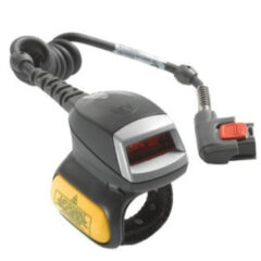 Close-up view of the Zebra RS419 Ring Scanner, featuring a lightweight and ergonomic design with a finger strap for hands-free operation. Equipped with a durable coiled cable and advanced 1D barcode scanning technology, it is ideal for improving productivity in warehouse, retail, and industrial environments.