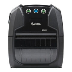 Zebra ZQ220 Mobile Printer, a compact and lightweight device designed for versatile on-the-go printing. It features a simple interface with three indicator buttons for connectivity, status, and power. This printer is ideal for producing receipts, invoices, and labels in industries such as retail, transportation, and field services, offering affordability and reliability in a portable design.