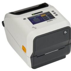 Zebra ZD621T HC Thermal Transfer Premium Healthcare Desktop Label Printer in white, featuring a color touchscreen interface and compact design, optimized for medical and healthcare labeling needs."