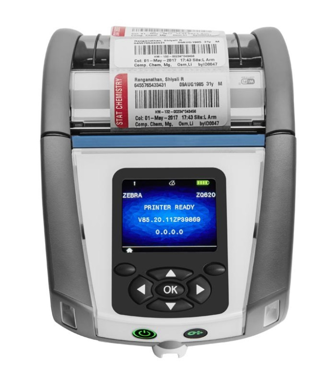 Zebra ZQ620 Mobile Label Printer designed for healthcare applications. This compact, portable printer features a clear display with intuitive controls and is capable of printing high-quality labels on the go. It has a disinfectant-ready housing for safe use in healthcare environments, making it ideal for applications such as specimen labeling, patient identification, and bedside printing.