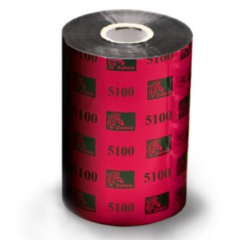 A roll of Zebra 5100 Premium Resin Ribbon with red packaging featuring the Zebra logo and "5100" printed in black. The ribbon is designed for high-performance printing, offering excellent resistance to chemicals, heat, and abrasion, suitable for industrial and demanding applications.