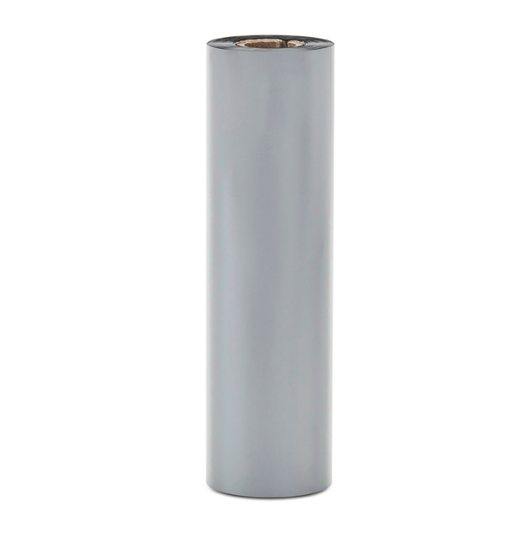 A roll of Zebra Image Lock Resin Ribbon designed for thermal transfer printing, featuring a sleek and professional silver exterior. This ribbon is optimized for high-quality, durable prints and is compatible with a variety of printing applications requiring enhanced resistance to chemicals and extreme conditions.