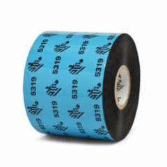 Zebra 5319 wax/resin ribbon roll in blue with visible branding and product code, designed for thermal transfer printing, offering high-quality and durable label printing solutions.