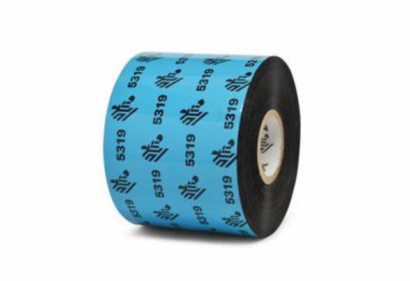 Zebra 5319 wax/resin ribbon roll in blue with visible branding and product code, designed for thermal transfer printing, offering high-quality and durable label printing solutions.