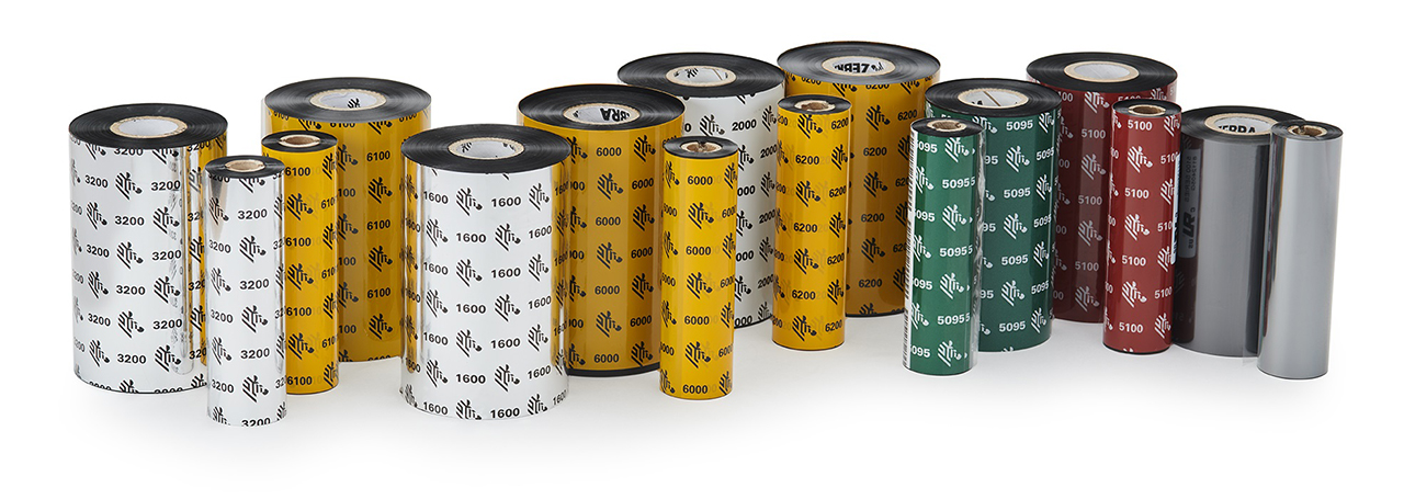 Promotional banner showcasing a variety of Zebra wax ribbons, featuring different models including 1600, 3200, 6000, 5095, and 5100. Each ribbon is prominently labeled with the Zebra logo and model number, illustrating a diverse selection for high-quality printing solutions.