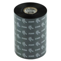 Image of a Zebra 2300 thermal transfer ribbon roll, featuring a black-coated ribbon with Zebra branding and '2300' printed repeatedly on its surface. This ribbon is ideal for economical, high-quality printing on a variety of label materials.