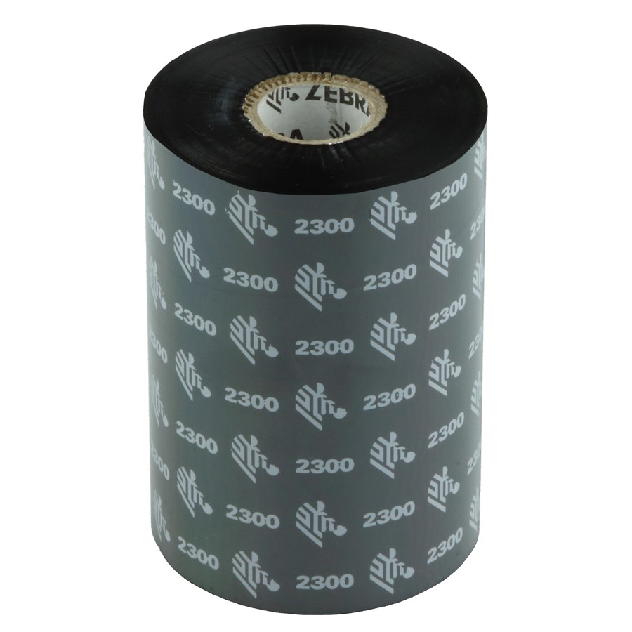 Image of a Zebra 2300 thermal transfer ribbon roll, featuring a black-coated ribbon with Zebra branding and '2300' printed repeatedly on its surface. This ribbon is ideal for economical, high-quality printing on a variety of label materials.