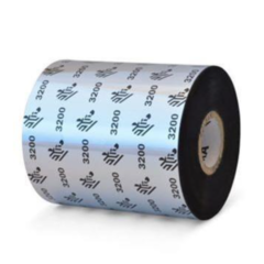 Image of a Zebra 3200 thermal transfer ribbon roll, featuring a black-coated ribbon with Zebra branding and '3200' printed on the outer surface. Designed for use in industrial printers, it ensures high-quality, durable printing on a variety of label materials.