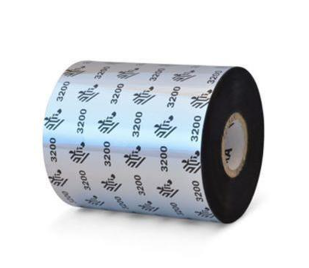 Image of a Zebra 3200 thermal transfer ribbon roll, featuring a black-coated ribbon with Zebra branding and '3200' printed on the outer surface. Designed for use in industrial printers, it ensures high-quality, durable printing on a variety of label materials.