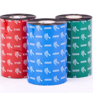 Three Zebra resin ribbons displayed upright, showcasing the 5100 (red packaging), 4800 (blue packaging), and 5095 (green packaging) models. Each ribbon is marked with its respective model number and the Zebra logo, representing high-performance printing solutions for various applications.