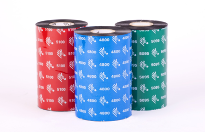 Three Zebra resin ribbons displayed upright, showcasing the 5100 (red packaging), 4800 (blue packaging), and 5095 (green packaging) models. Each ribbon is marked with its respective model number and the Zebra logo, representing high-performance printing solutions for various applications.