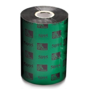 Zebra 5095 Resin Ribbon in a cylindrical roll with a green wrapper featuring the Zebra logo and the text "5095" repeatedly printed across the surface. This ribbon is designed for high-performance label printing with strong chemical and scratch resistance.
