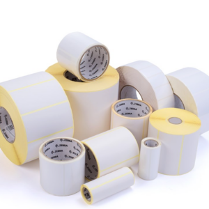 An array of Zebra label tags in various shapes and sizes, featuring durable adhesive labels designed for reliable and clear printing in applications such as shipping, inventory, and product labeling.