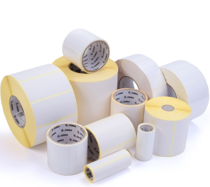 An array of Zebra label tags in various shapes and sizes, featuring durable adhesive labels designed for reliable and clear printing in applications such as shipping, inventory, and product labeling.