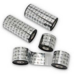 Multiple rolls of Zebra Genuine Wax Ribbons, featuring the branded metallic packaging marked with the Zebra logo and '1600' series, ideal for reliable and high-quality thermal printing solutions.
