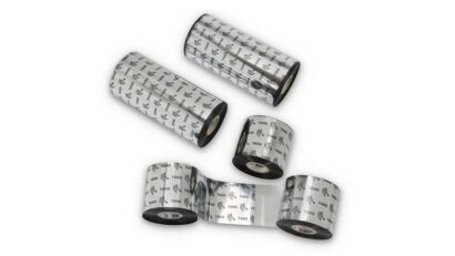 Multiple rolls of Zebra Genuine Wax Ribbons, featuring the branded metallic packaging marked with the Zebra logo and '1600' series, ideal for reliable and high-quality thermal printing solutions.