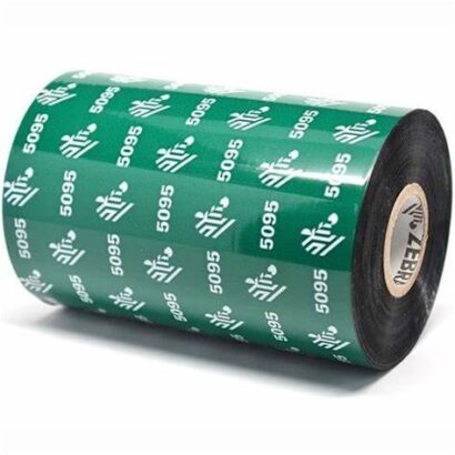 Image of a Zebra 5095 thermal transfer ribbon roll, featuring a vibrant green-coated exterior with repeated '5095' branding and the Zebra logo. This high-performance ribbon is designed for crisp, durable printing on a variety of label materials.