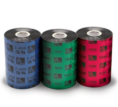 Three Zebra thermal transfer ribbon rolls: the blue Z-4800 Full Resin ribbon, the green 5095 ribbon, and the red 5100 ribbon. Each roll prominently displays its respective branding and Zebra logo, emphasizing their specialized use for high-quality, durable printing solutions.