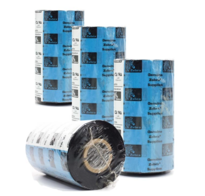 Four rolls of Zebra 5319 Performance Wax Ribbon, showcasing the black and blue packaging with the Zebra logo and text 'Genuine Zebra Supplies,' emphasizing high-quality printing performance for industrial applications.