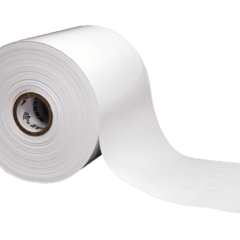 Image of a roll of linerless label material, featuring a smooth, continuous white surface without a backing liner. The roll is designed for efficient labeling applications, reducing waste and improving productivity in industries requiring high-performance label solutions.